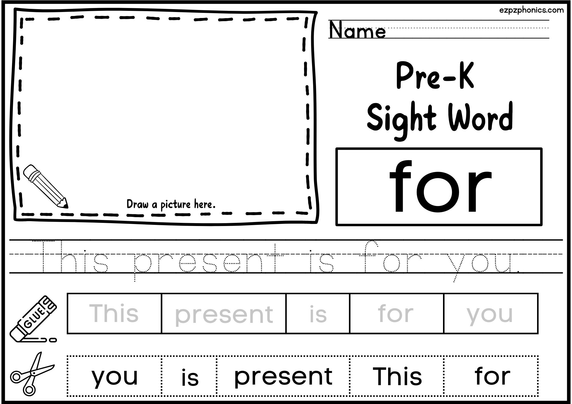 For Dolch Sight Word Activity. Draw, Color, Cut and Paste, and Word Tracing.